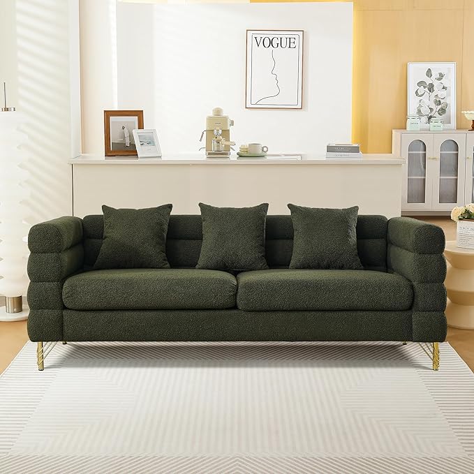 mikibama Modern Teddy Sectional Sofa, 81 Inch Oversized Sofa Couch, Luxury 3 Seater Deep Couch with 3 Pillows and Gold Metal Legs for Living Room, Bedroom, Apartment (Green)