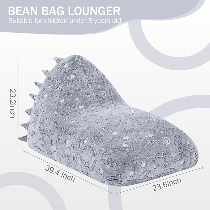 COMAX Dinosaur Bean Bag Chairs for Kids, Kid Beanbag Chair with Filler, Toddler Lounge Bean Chair, Children Lazy Floor Lounger for Girls Boys, Glowing Dino