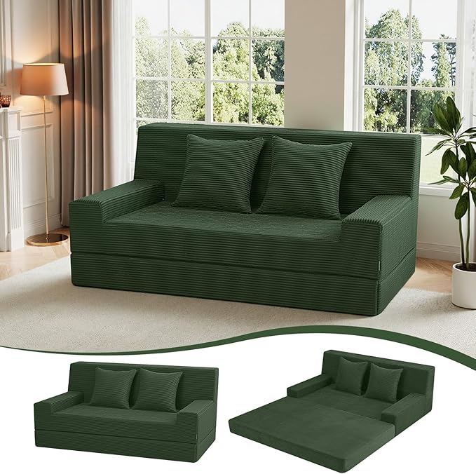 MeMoreCool Boneless Folding Sofa Bed, Corduroy Convertible Sleeper Chair, Foldable Foam Mattress Chair, Comfy Fold‑Out Futon Couch Bed, Large Floor Sofa Couch for Living‑Room Guest Dark Green