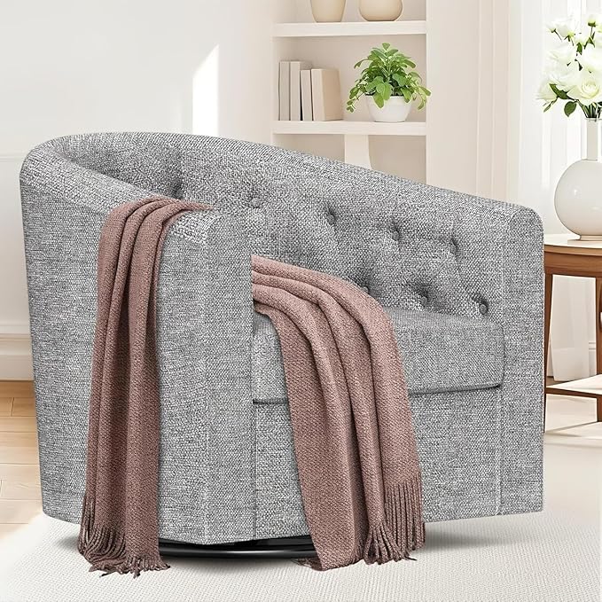 Simore Swivel Accent Chair for Living Room, Comfy Fabric Round Swivel Barrel Chair for Nursery Office Bedroom, Gray