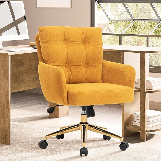 BALIAA Flannel Office Chair, Comfy Home Office Desk Chairs with Lumbar Support, Modern Velvet Desk Chair Gold Legs Small Swivel Task Chair for Home Office, Bedroom, Study (Yellow, XL)