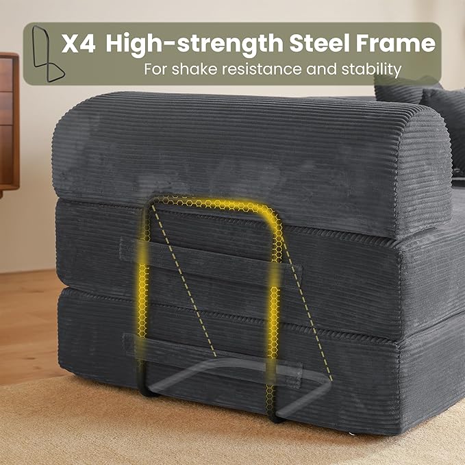 Convertible Sleeper Sofa Bed, 78" Corduroy Foldable Boneless Modular Couch, Memory Foam Compressed Sofa in A Box With Plush Fabric Comfy Floor Lounge Couch for Living Room Apartment Bedroom,Dark Gray