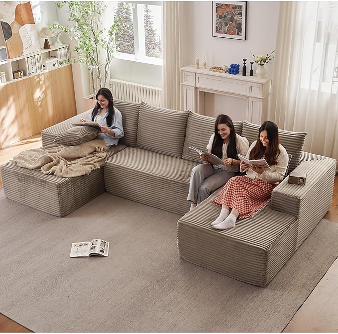 Sectional Cloud Couch for Living Room, Stupendous U Shaped Sofas, Modular Floor Deep-Seat Sofa, Big Comfy Corduroy Couches Set with Fluffy Memory Foam, No Assembly Required, Camel