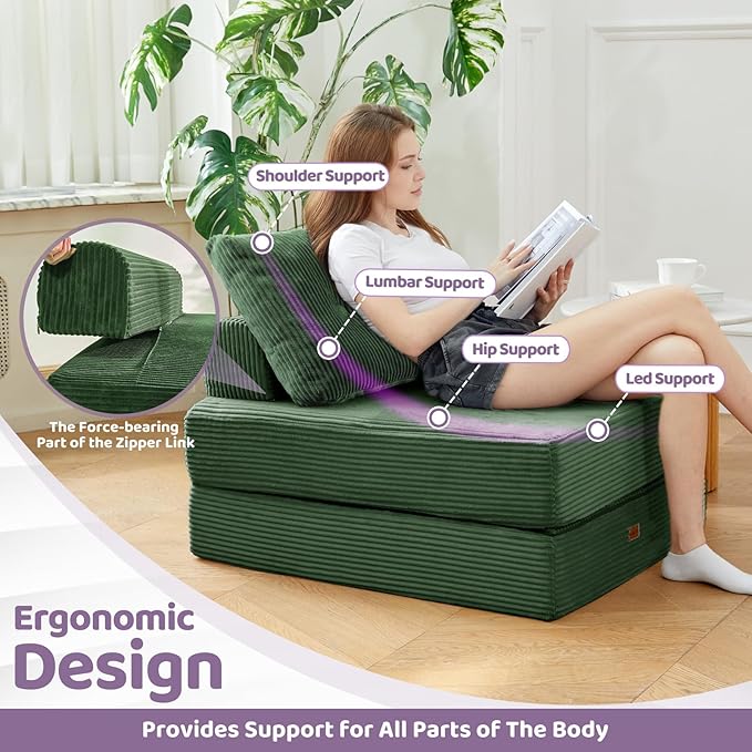 Folding Sofa Bed,3-in-1 Convertible Sleeper Chair Corduroy High-Density Foam with Pillow, Foldable Single Futon Chair for Living Room、 Bedroom 、Hotel、 Apartment, Single, Emerald Green