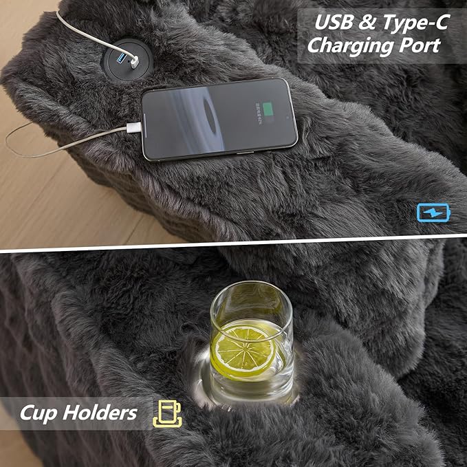 52.5 Inch Oversized Chaise Lounge Chair Indoor, Faux Fur Upholstered Sleeper Couch, Ergonomic Deep Seat Sleeper Sofa with Plush Pillows, Cup Holders, USB Port, Reading Chairs for Living Room/Dark Grey