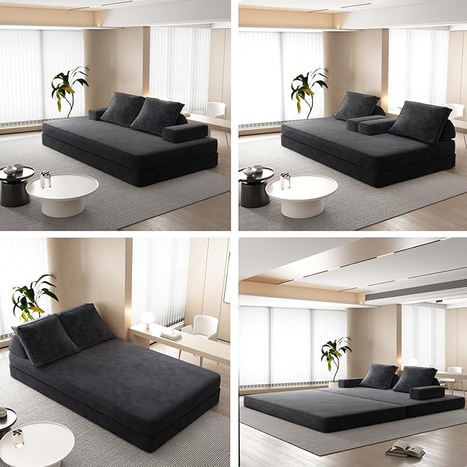 87" Foldable Floor Couch, 3-Seat Convertible Sleeper Sofa with Removable Backrests and 2 Soft Pillows, Chenille Fabric, for Living Room, Bedroom, Apartment, No Assembly Required, Dark Grey
