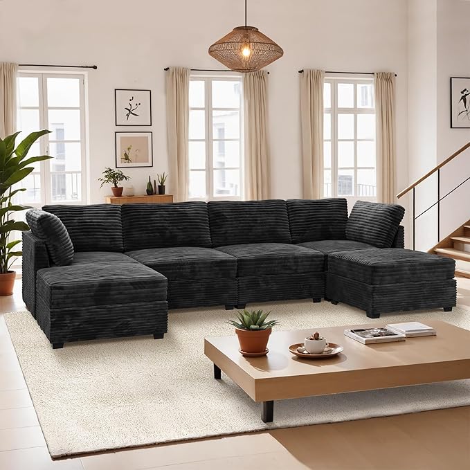 CAODOC Large 6 Seat Modular Sectional Sofa with Ottoman Seat Corduroy Sleeper Sectional Sofa Bed Oversized Convertible Modular Couch for Living Room