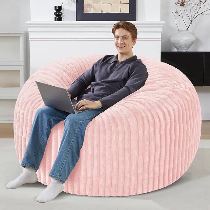 Homguava 4 FT Bean Bag Chair,4' Big Bean Bag,Large Bean Bag Chairs for Adults with Memory Foam Filled,Comfy Beanbag Chairs Soft Bean Bag Sofa with Dutch Corded Plush Cover-Soft Pink