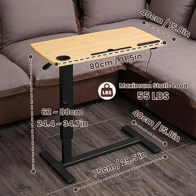 Overbed Bedside Table with Wheels, Height Adjustable Hospital Bed Table, Mobile Computer Standing Laptop Desk with USB Charge and Cup Holder
