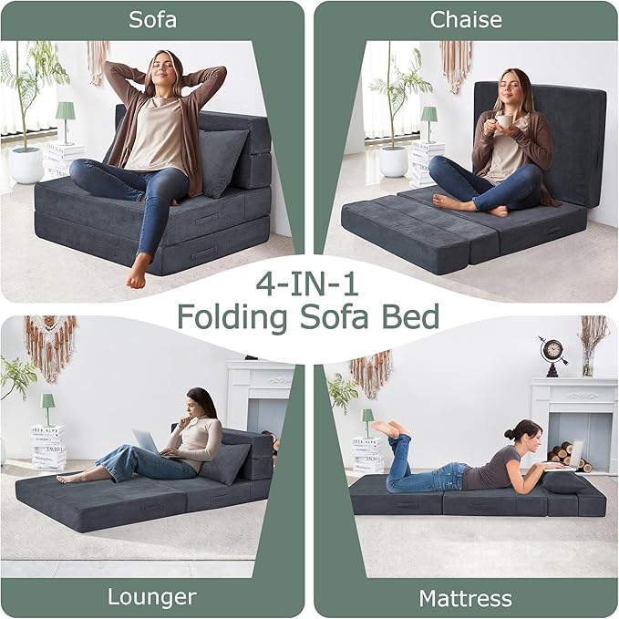 HILERO Folding Sofa Bed, 4 in 1 Convertible Sleeper Chair with Pillow, Twin Memory Foam Fold Out Chair Bed, Modern Floor Futon Sofa Couch Mattress for Living Room/Guest/Apartment, Dark Grey