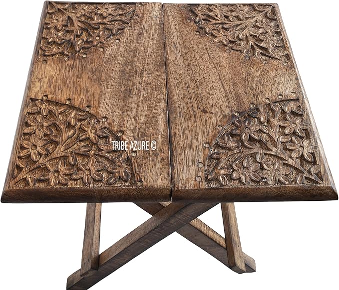 Small Altar Table for Meditation, Puja, Wiccan, Buddhist Practices - Wooden Low Side Table, Japanese Tea Table, Folding Dragon Design With Floral Pattern