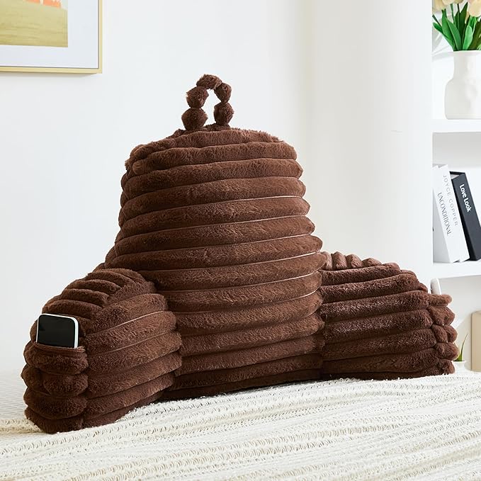 WERDIM Reading Pillow for Sitting in Bed, Faux Fur Back Pillow for Rest, Bed Chair Pillow with Arms and Pockets(XLarge, Coffee)