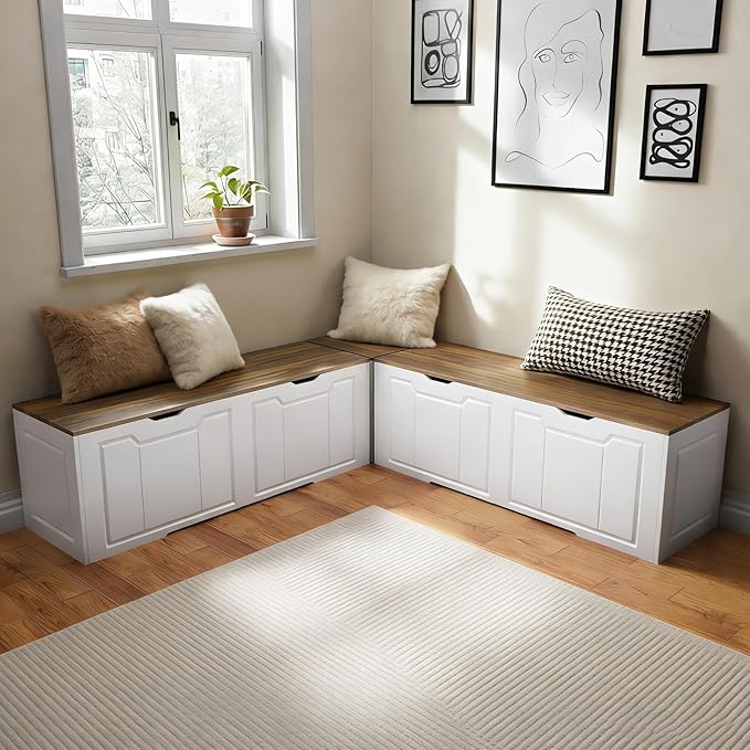 L-Shape Corner Bench with Hidden Storage, 63”Kitchen Corner Nook Bench Seating& Entryway Shoe Bench,Space-Saving Wood Corner Bench for Small Spaces,White, 63"*63"*17.7"