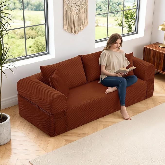 GJQ 3 Seater Couch for Living Room,83" Sofa in a Box,Cloud Sofa Bed with Tufted Cushion & Backrest, Corduroy Boneless Couch Upholstered Floor Sofa with Storage Pockets,No Assembly Required,Orange