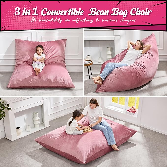 Hobestluk 3 in 1 Bean Bag Chair Giant Bean Bag Chairs for Adults with Velvet Cover Convertible Bean Bag Floor Cushion with Machine Washable Cover for Living Room (Velvet Pink)