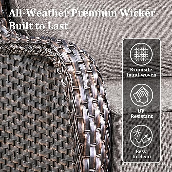 Luxury Patio Furniture Set with 42.5" Fire Pit Table, 8 Pieces High Back All Weather Wicker Outdoor Furniture w/ 6-Inch Thick Cushions, Patio Swivel Chairs Couch for Deck Balcony Backyard Brown/Grey