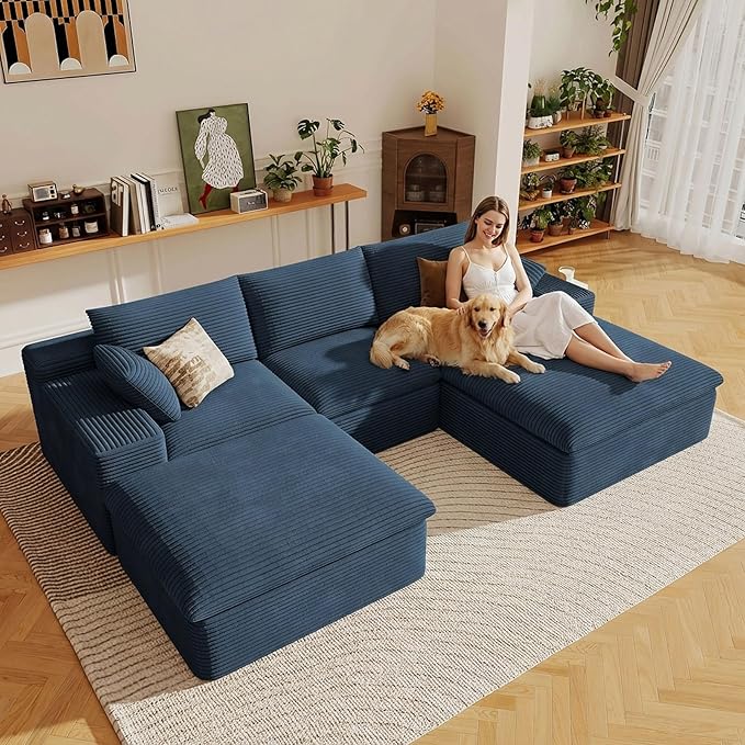 107" Cloud Sectional Couch with U-Shaped Chaise,Viral Corduroy Boneless Sofa with Ottoman,Memory Foam Couches in a Box with Deep Seat for Living Room,No Assembly Required (Blue,Right-Facing Chaise)