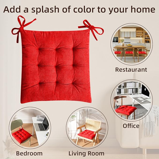 HLOVME Corduroy Chair Cushion with Ties Ultra Soft Warm Floor Cushion for Kids Reading Nook Comfortable Square Seat Cushion for Adult 15.7”x15.7” Set of 2, Bright red
