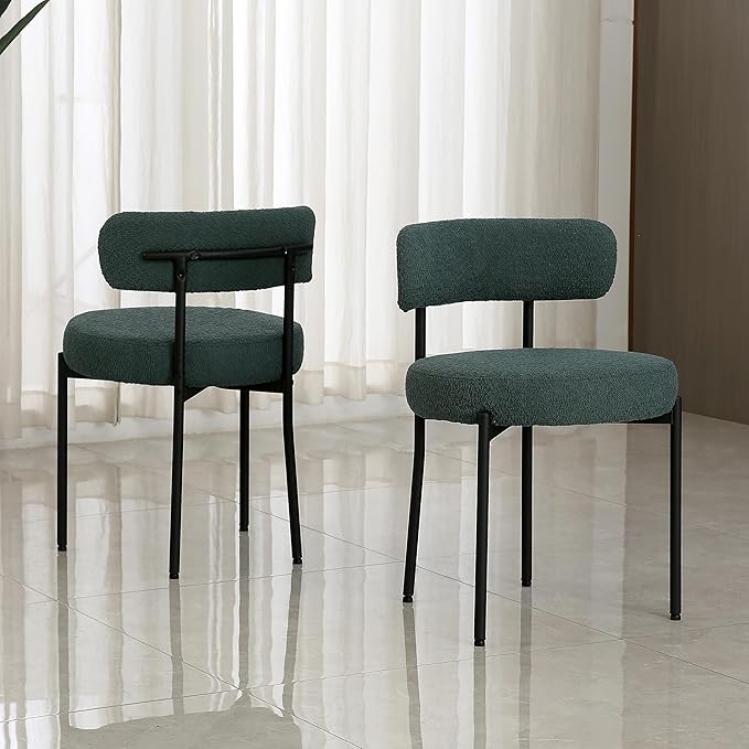 DYHOME Green Dining Chairs Set of 6, Mid-Century Modern Dining Chairs, Kitchen Dining Room Chairs, Curved Backrest Round Upholstered Boucle Sherpa Dining Chair with Black Metal Legs