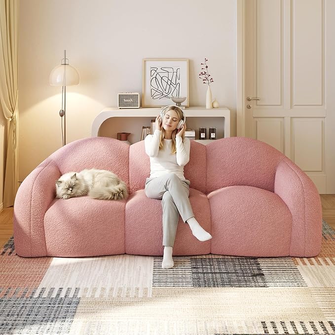 WJShome 90" Boneless Cloud Couch, Modern Curved Upholstered Boucle Sofa, Deep Seat Cozy 3 Seater Sofa, Plush Teddy Velvet Couches for Living Room, Bedroom, Apartment (Pink)