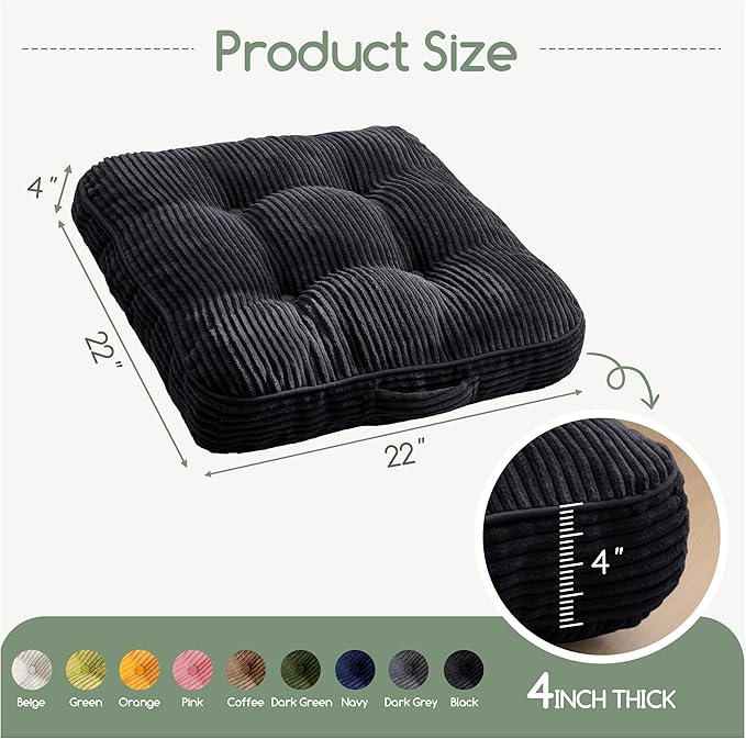 HIGOGOGO Washable Floor Pillow Cushion for Adults, Meditation Cushion Pillow, Large Square Floor Sitting, Removable Tufted Corduroy Cover, for Tatami Living Room or Yoga, 22x22 Inch, Machine Washable