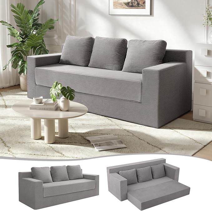 MeMoreCool Sleeper Sofa Bed – 3 Seater Convertible Floor Couch with Pillows, Grey Corduroy Foam Lounger, No Assembly Comfy Folding Futon | Space-Saving Foam Sofa for Small Rooms & Apartments