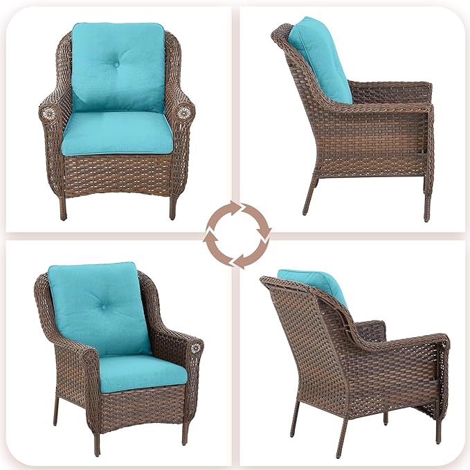 ACTREST Patio Wicker Chairs Outdoor Furniture Chair - Set of 2 Outside All Weather Lawn Dining Brown Rattan Armchair with High Back&Deep Seating for Deck Porch Balcony Backyard Garden - Turquoise