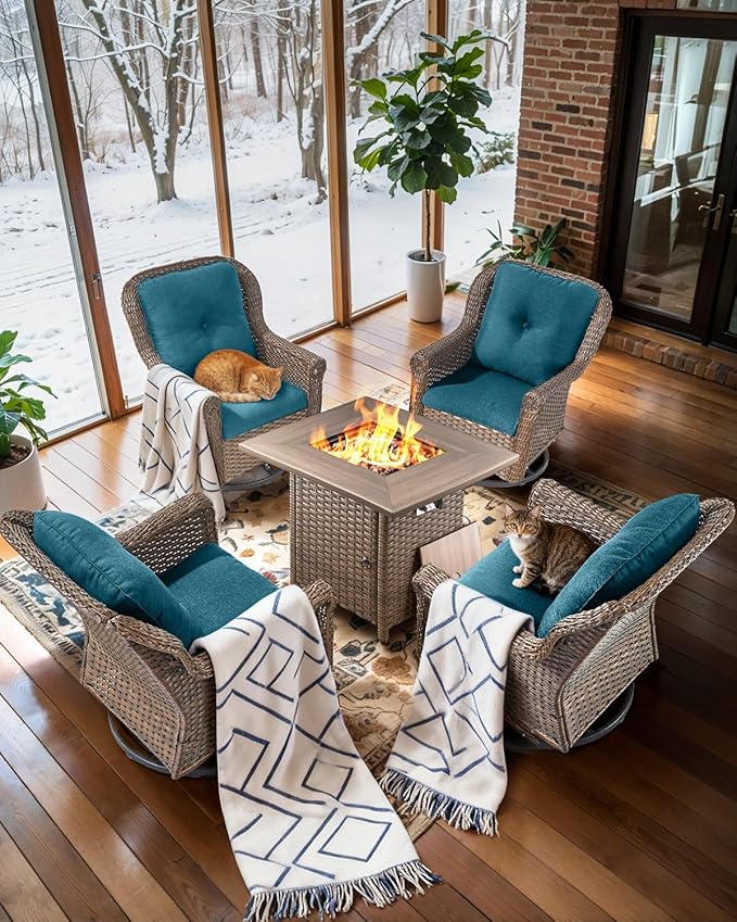ACTREST Patio Chairs Outdoor Swivel Glider - Set of 4 High Back Outside Brown Wicker Rattan Rocking Chair with Thick Cushion for Porch Apartment Deck Yard Poolside Garden - Peacock Blue