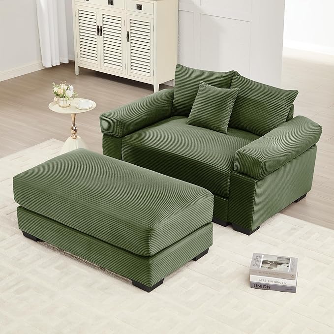 KEIKI 54" Oversized Corduroy Modular Sectional Single Sofa with 1 Ottoman, High-Density Foam Cushions, Extra-Thick Armrests, Modern 1-Seater Lounge Accent Chair with 3 Pillow, for Living Room, Green