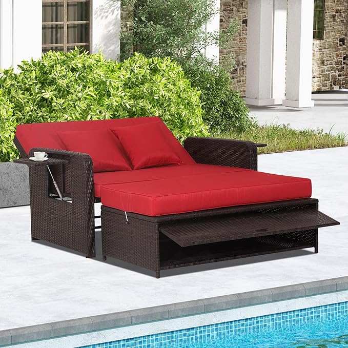 RELAX4LIFE Wicker Patio Outdoor Daybed - Rattan Day Bed Lounger with Loveseat & Storage Ottoman, Sunbed Sofa Set w/Cushions, 4-Level Adjustable Backrest & 2 Retractable Trays, Patio Daybed (Red)