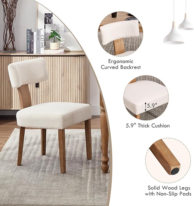 KHISCHMO Mid Century Modern Dining Chairs, Upholstered Linen Fabric Chairs with Curved Backrest and Wood Legs, Comfy Kitchen Vanity Chair for Dining Room/Living Room/Kitchen, Set of 4 Beige