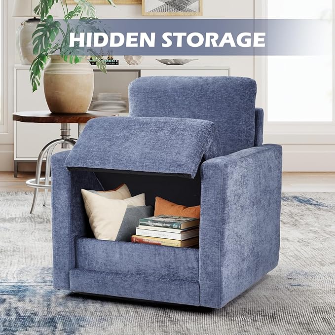 INZOY Swivel Accent Chair Set of 2, Comfy 360° Swivel Chair with Hidden Storage, Upholstered Chenille Square Chair for Living Room Bedroom Small Spaces, Fully Assembled, Blue