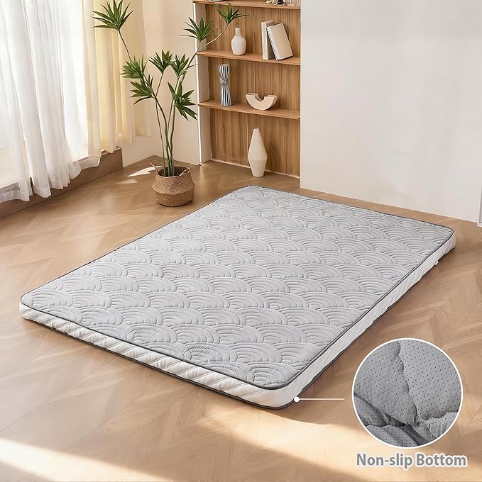Zelladorra Japanese Floor Mattress, Quilted Futon Mattress with Anti-Slip Bottom, Foldable Floor Bed with Storage Bag and Straps, (Light Grey, Twin)