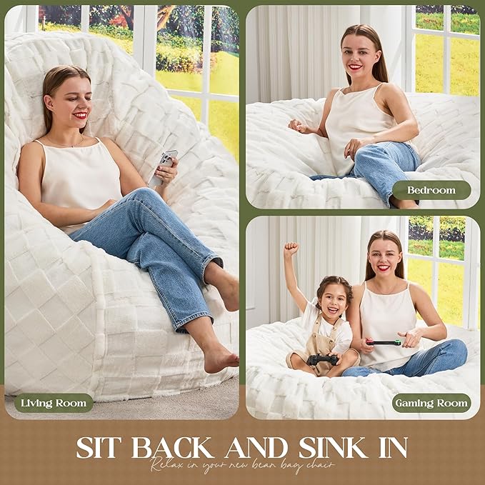 Hobestluk Bean Bag Chairs Beanbag Chair with Filler Adult Bean Bags with Fluffy Cover, Giant Bean Bag Chairs for Aduts for Living Room, Bedroom (White, 6FT - 70" x 70" x 15")