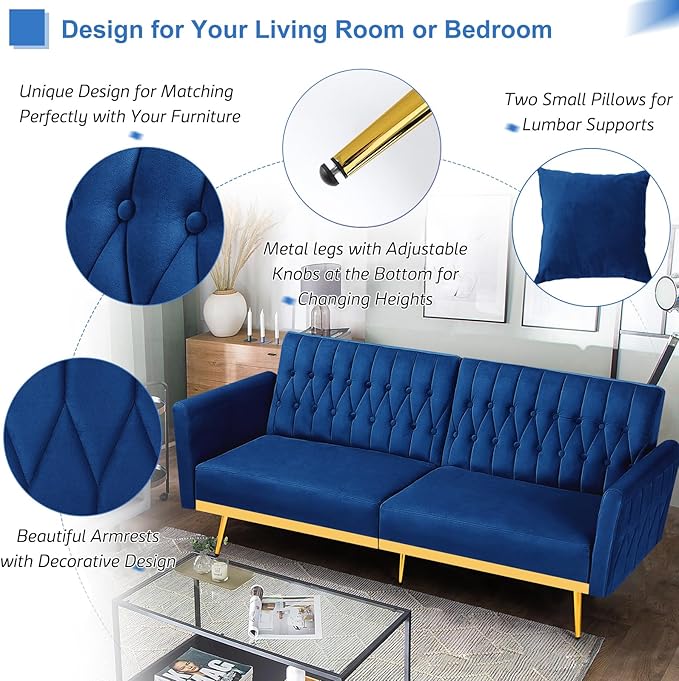 ACMEASE 70” Velvet Futon Sofa Bed w/Adjustable Armrests and Backrest, Convertible Futon Couch w/2 Pillows, Modern Sleeper Bed for Living Room, Bedroom, Blue