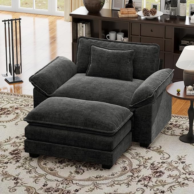 CDCASA 50'' Oversized Chair with Movable Ottoman, Chenille Comfy Cloud Sofa Accent Chair w/Large Seat and Armrests, Modern Extra Wide Armchair Reading Chairs for Living Room, DIY Combination, Black