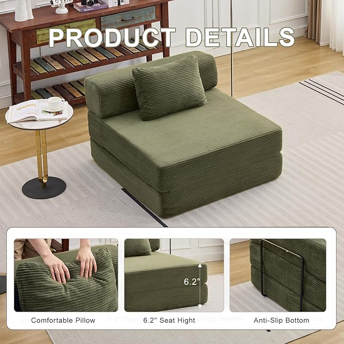 Modern Olive Single Sofa Bed, Convertible Foldable Sofa with Pillow, Comfortable Corduroy Fabric & High-Density Foam, Ideal for Living Room, Bedroom, Office, Apartment Lounge