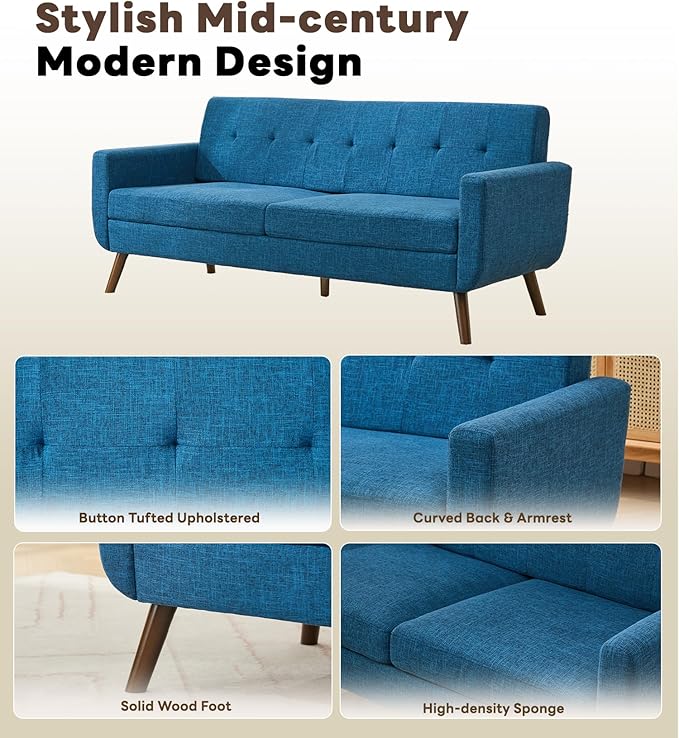 Tbfit 77.2" W Linen Sofa Couch, Mid Century Modern Decor Loveseat Couches for Living Room, Button Tufted Upholstered Small Couch for Bedroom, Solid, and Easy to Install Love Seats Furniture, Blue | linen fabric, button tufted, solid wood foot, pocket s...