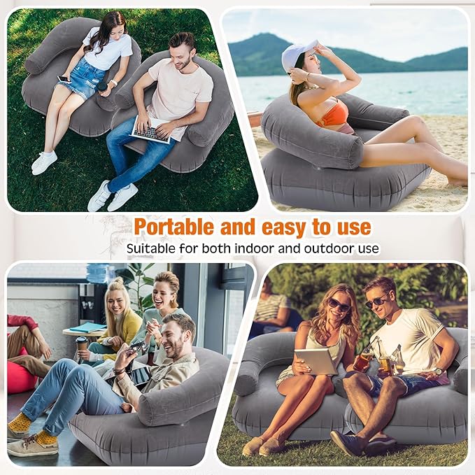 Threehoney 2 Pcs Inflatable Lounge Chair Deck Chair Lazy Sofa, Blow Up, Folding, Portable Couch for Home, Office Balcony, Floor Seating (Dark Grey)