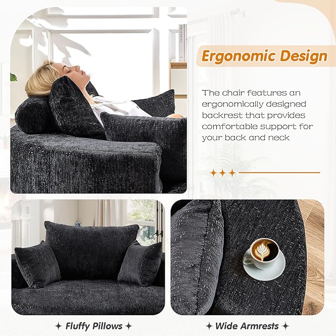 55"W Oversized Round Chair Lounge Chaise Indoor, Upholstered Comfy Circle Sofa Armchair, Modern Cozy Boneless Foam Floor Reading Chair for Living Room, Bedroom, No Assembly Required(Chenille, Black)