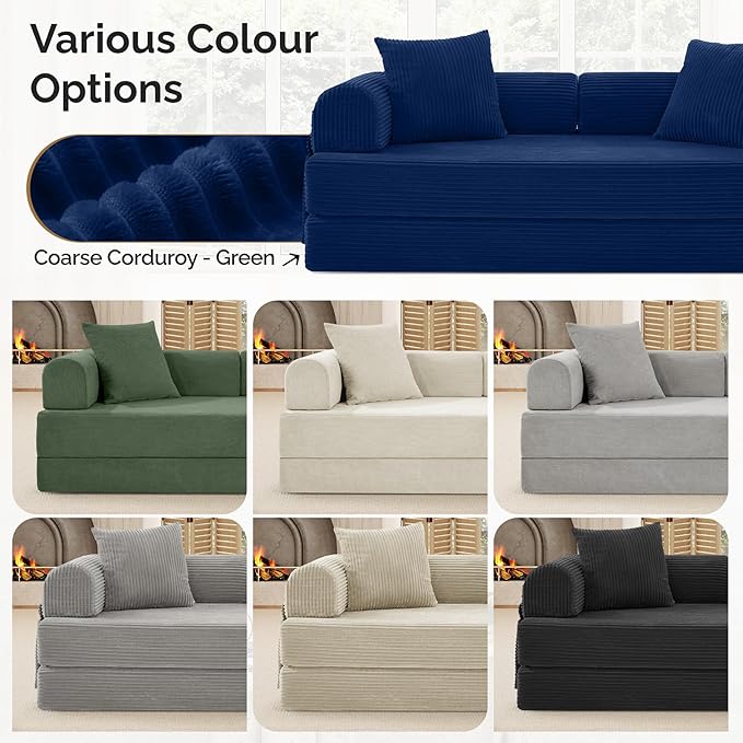 Convertible Corduroy Sleeper Sofa Bed with Cylindrical Pillow, Folding Mattress Couch with Fixed-Shape Frame, Floor Sofa Lounge Couch for Living Room Bedroom Lounge Studio, Blue