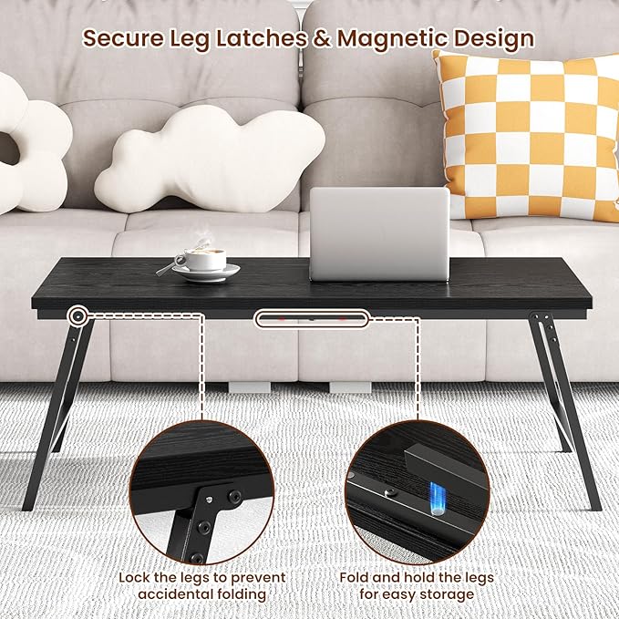 ALLSTAND Folding Coffee Table for Small Spaces, Leg Latches Collapsible Foldable Coffee Table Portable Sturdy, No Assembly Low Tables for Living Room (Black, Opened Size: 41.34L×21.65W×15.75H)