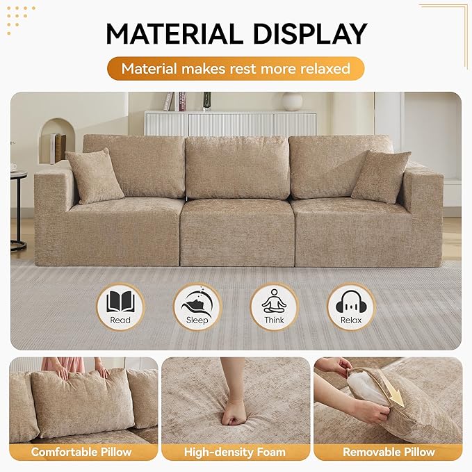 115'' Comfy Boneless Couch, Upholstered Deep Seat Modular Cloud Sofa, No Assembly Chenille Compression 3 Seater Sofa Couch for Living Room, Camel