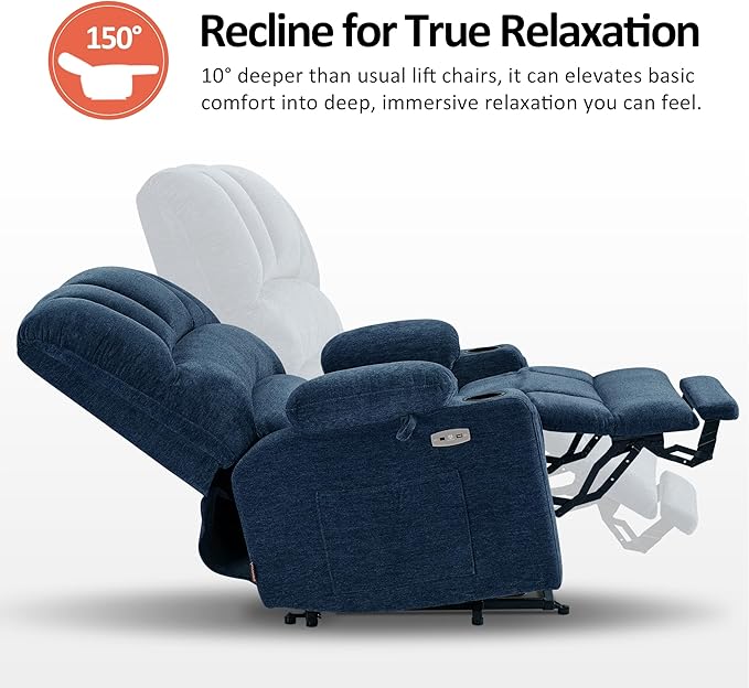 MCombo Oversized Power Lift Recliner Chair for Elderly, Lift Chair with Heat and Massage, Lift Recliner for Big and Tall, Cup Holders, USB & Type C Ports, Fabric R7092 (Navy Blue, Oversize)