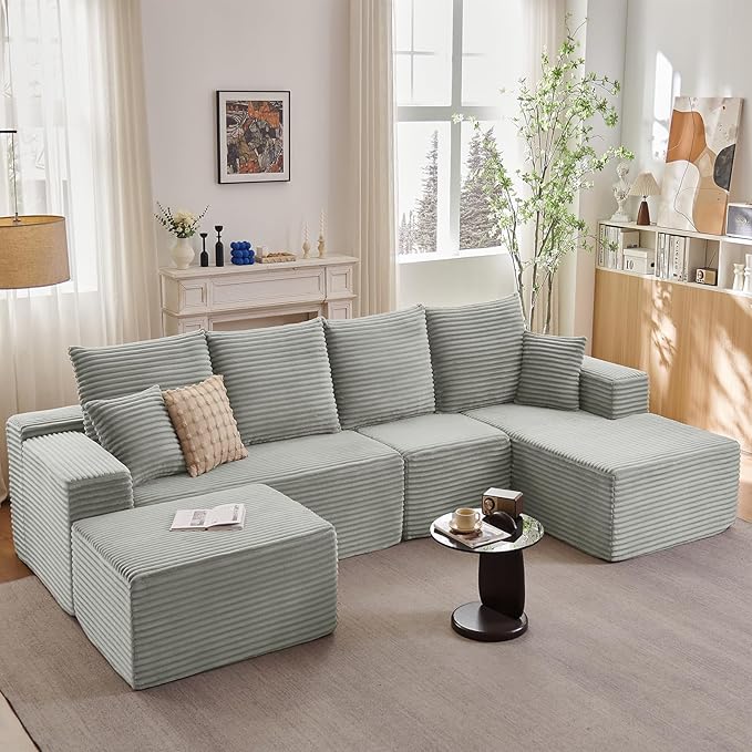 Lakifun 135" U-Shape Cloud Couch, Modern Modular Sectional Comfy L-Shape Sofa with Ottoman, Deep Seat, Upholstered Corduroy Sleeper Chaise Longue for Living Room Bedroom, No Assembly Required, Grey