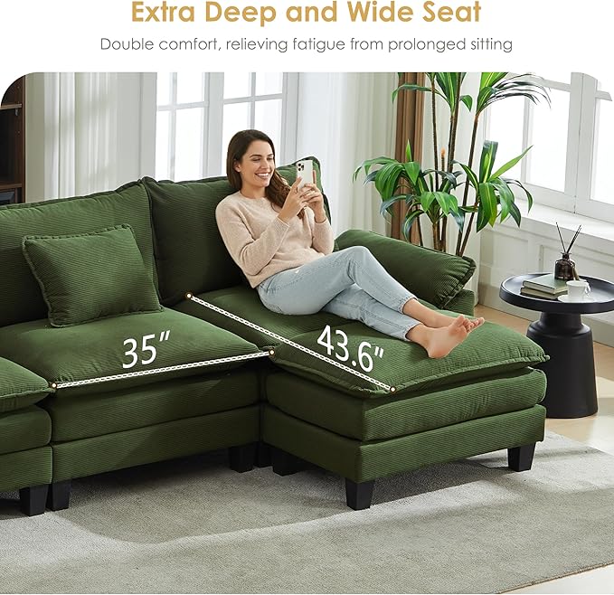 URRED Cloud Couch Modular Sectional Sofa, 157" Modern U Shaped Deep Seat Sofa with 2 Ottomans & Pillows, Ultra Comfy Corduroy Couches for Living Room, Bedroom or Apartment, Green