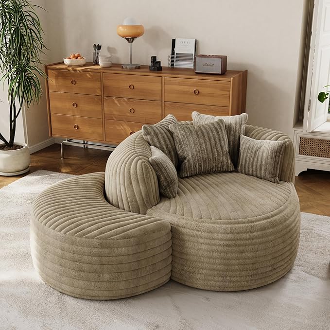 50" W Oversized Round Chaise Lounge Chair with Ottoman Indoor Boneless Plush Fluffy Corduroy Circle Couch Soft Comfy Cozy Cloud Reading Chair for Living Room, Playroom, Bedroom - Camel