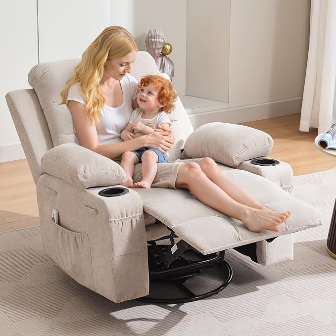 Recliner Chair Nursery, Oversized Manual Reclining Rocking Chair, 360 Swivel Glider with Cup Holder, Massage and Heat Recliner, Indoor Small Single Sofa Chairs for Adults, RV, Bedroom, Line Beige
