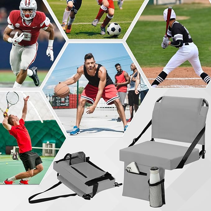 2pcs Stadium Seat for Bleachers with Back Support，Portable Bleacher Chairs with Back and Cushion，Includes Shoulder Strap and Cup Holder