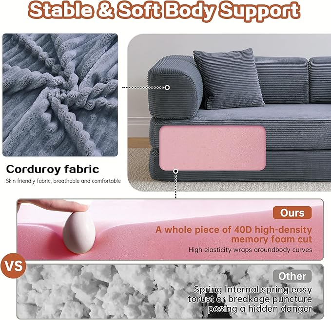 KEIKI 75" Modern Floor Sofa Bed with Convertible Blanket Pillow,Enhanced Frame Stability,Compressed Couch for Bedroom
